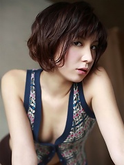 Miu Nakamura in a patterned bra with matching thong panties